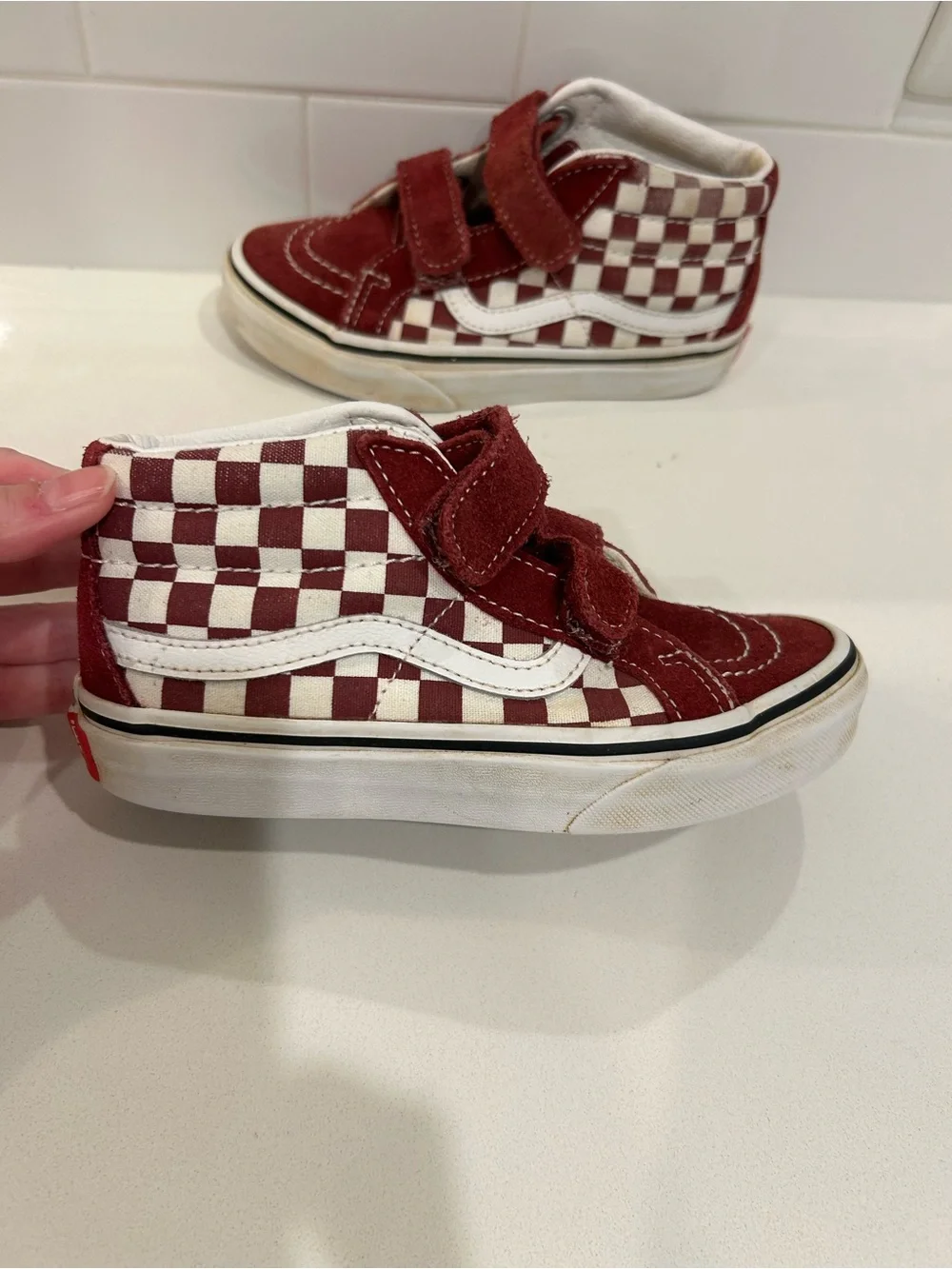 Preloved Vans Red/Maroon Checkerboard Mid Sk8 Kids Shoes Size 13!